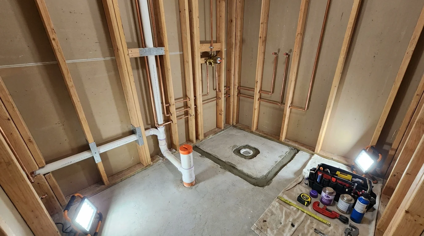 Bathroom rough-in plumbing during remodel by Johns Plumbing LLC in Edinburg
