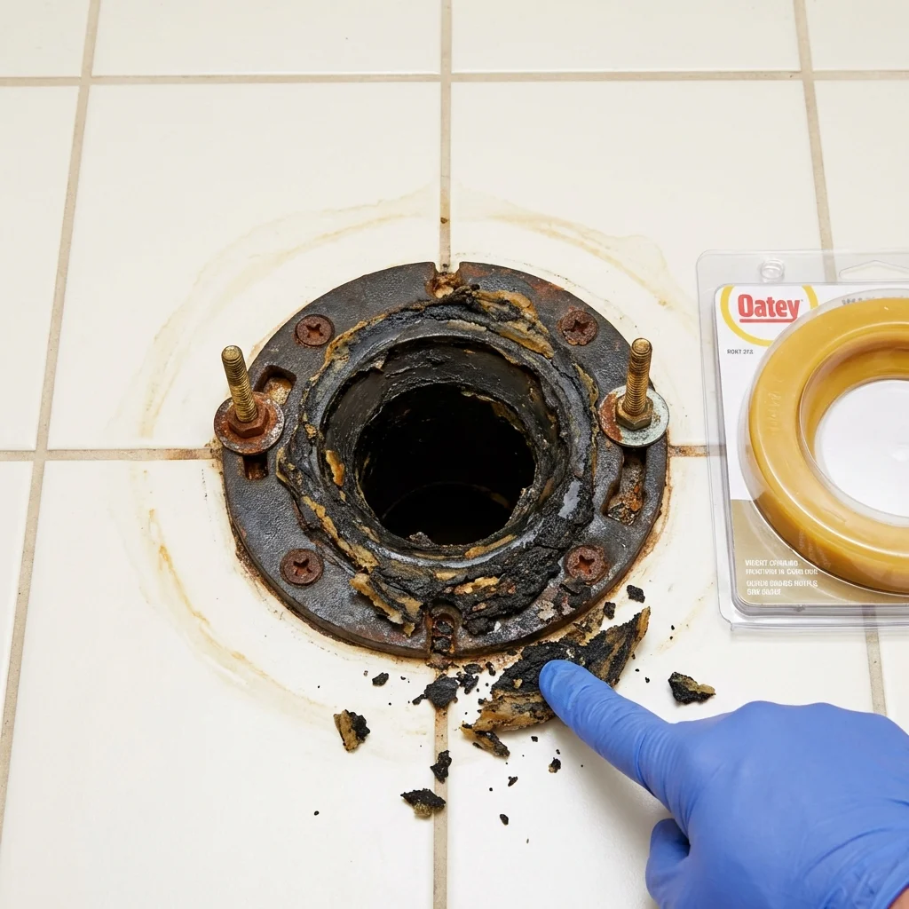 Failed wax ring showing water seepage at the base of a toilet in a Edinburg, VA home