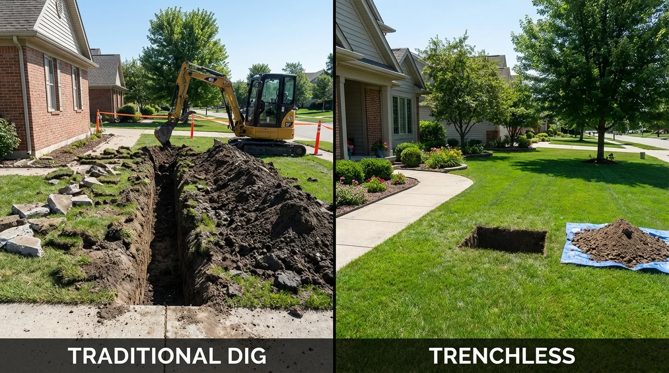 Trenchless sewer repair with minimal yard damage versus traditional excavation in Edinburg, VA