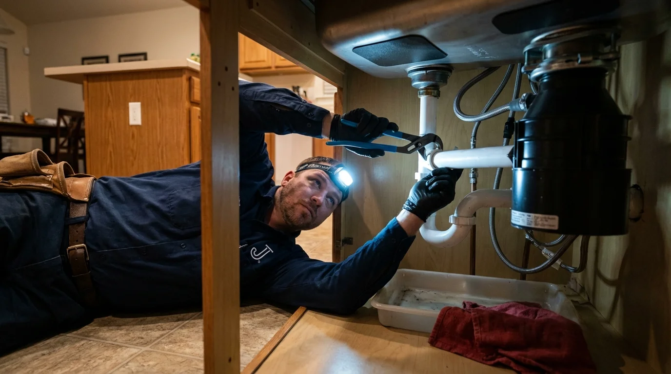 P-trap and supply line connections under a kitchen sink showing a common leak point in Edinburg, VA